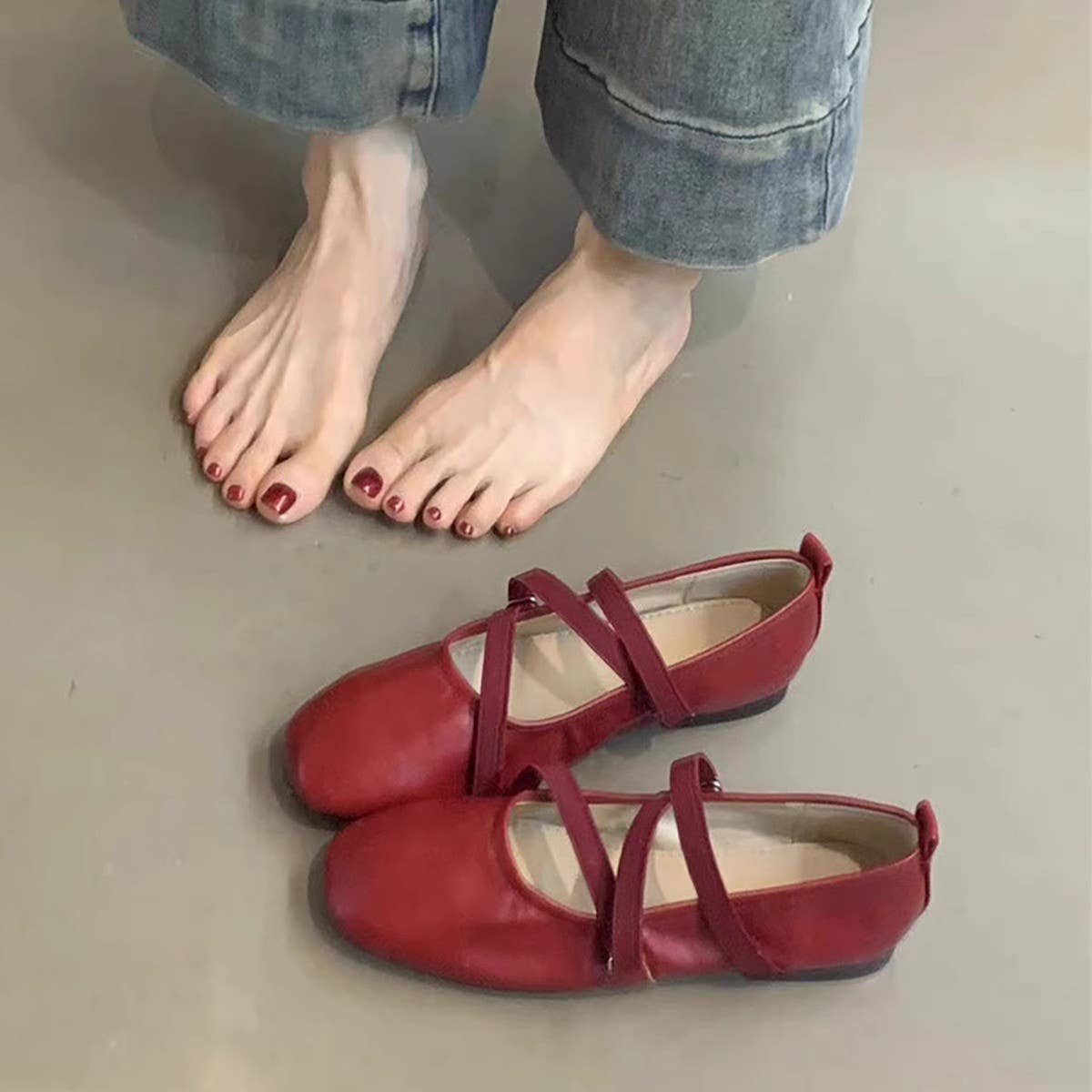 Red Cross-Strap Mary Jane Flats for Women_CWSHF0063