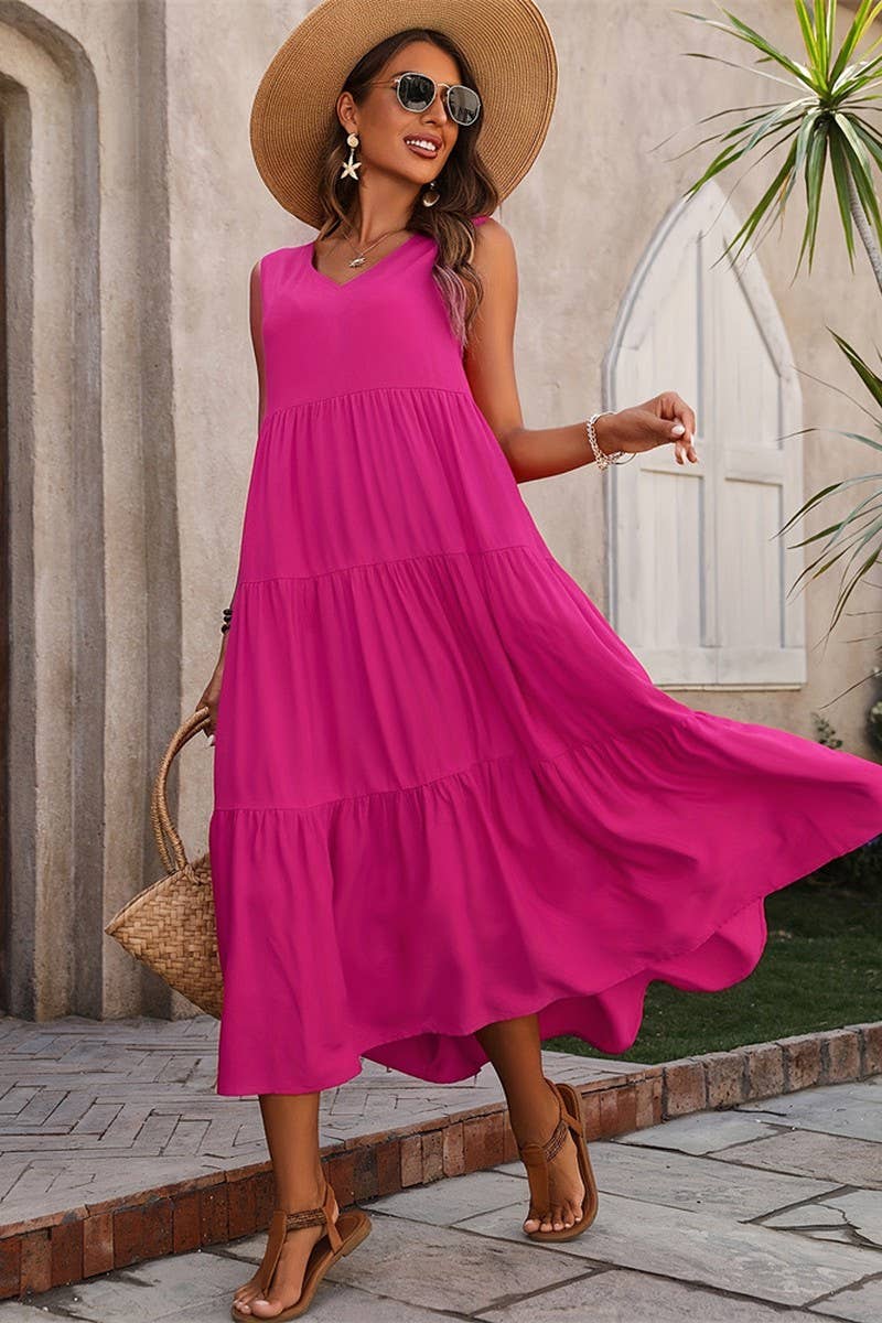 CWDMD4880_SOLID V NECK TIERED HEM SLEEVELESS DRESS
