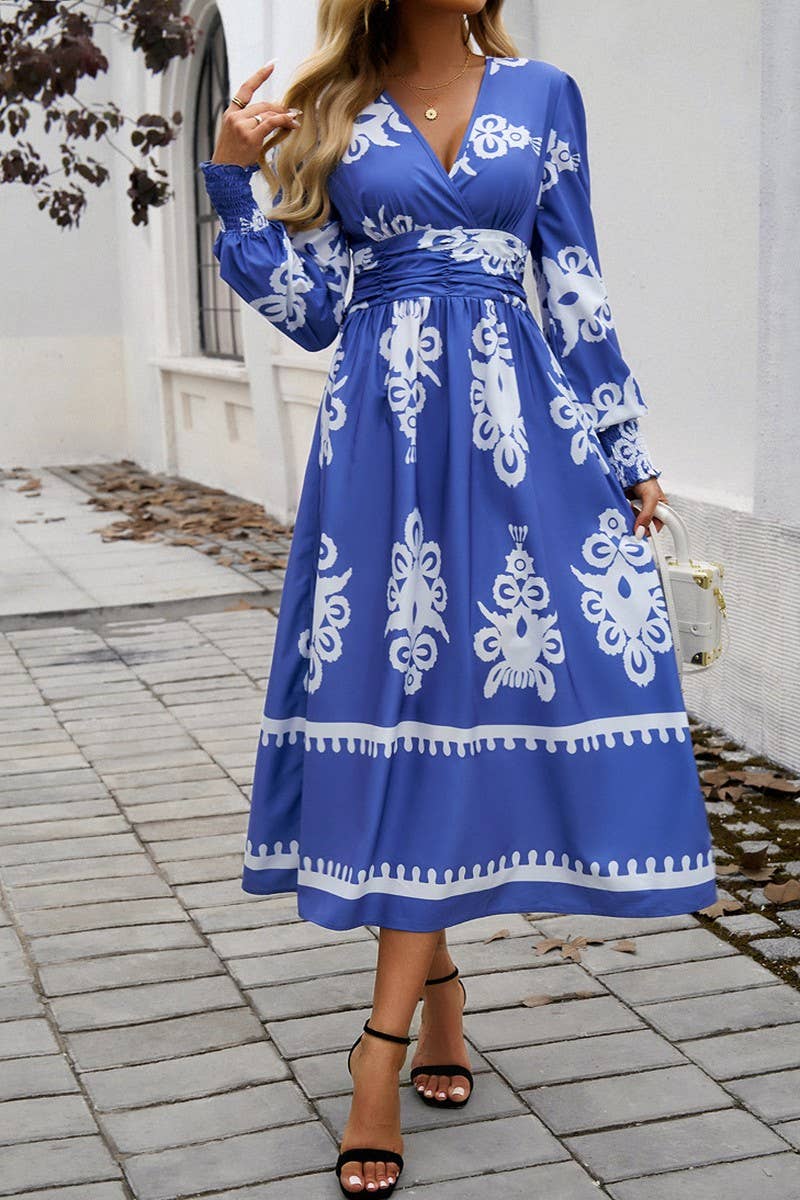 CWDMD4866_V-NECK ELEGANT CONTRAST COLOR LONG SLEEVE DRESS