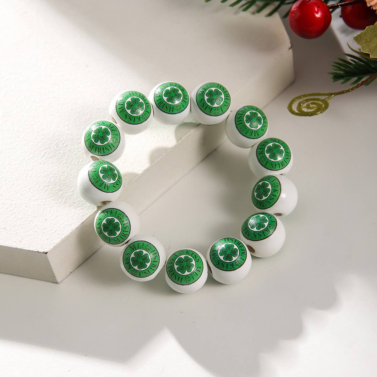 ST. PATRICK'S DAY WHITE WOOD BEAD BRACELET SET_CWMM3505