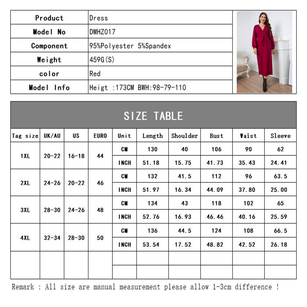Red V-Neck Slim Fit Long Dress for Fall & Spring_CWDSD8473