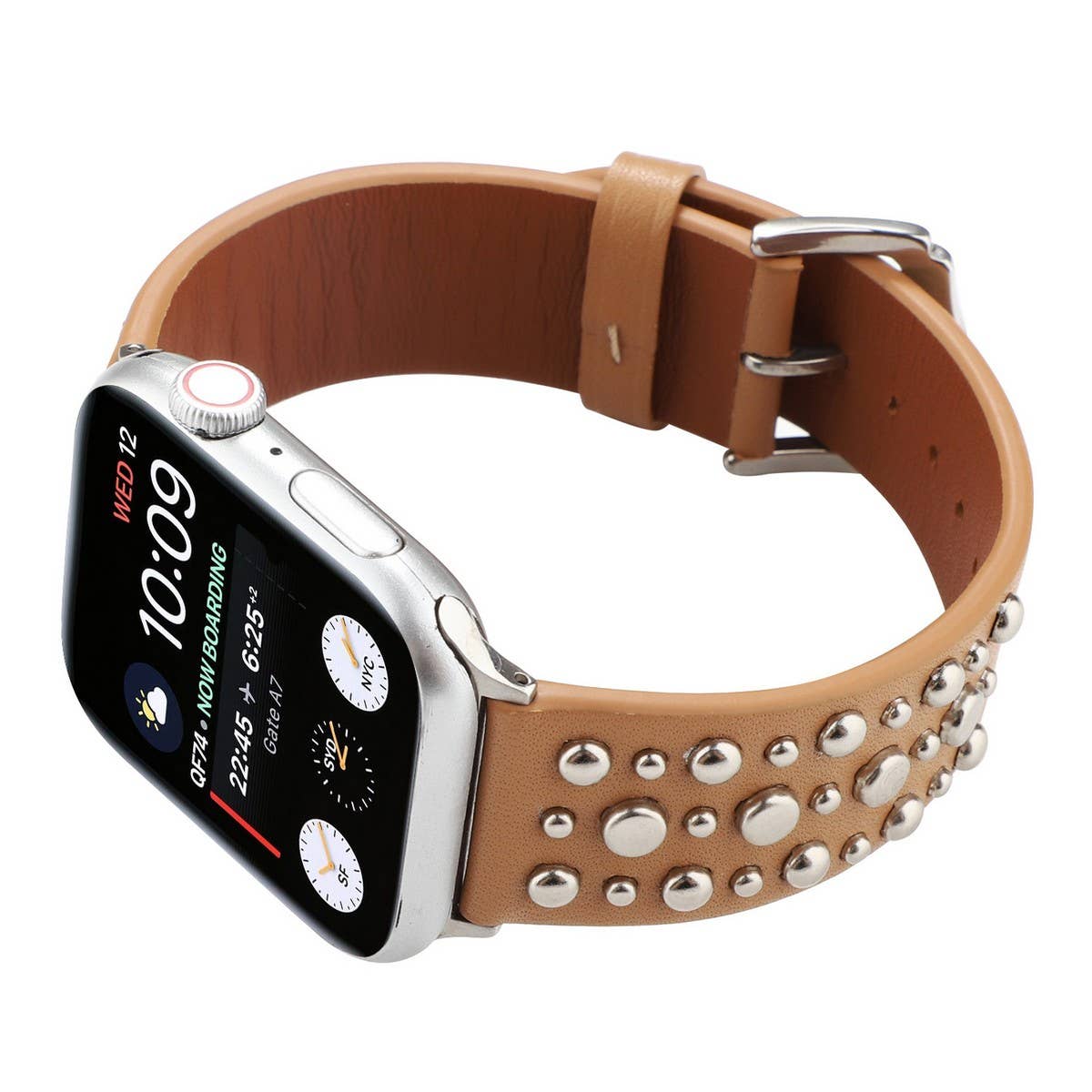 APPLE WATCH 9 SILVER RIVET LEATHER STRAP_CWASC1546