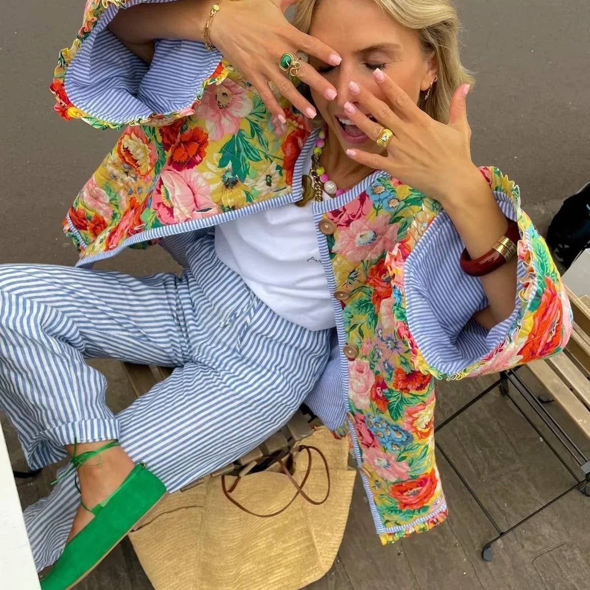 FLORAL PRINT CREW NECK PUFF SLEEVE QUILTED JACKETS