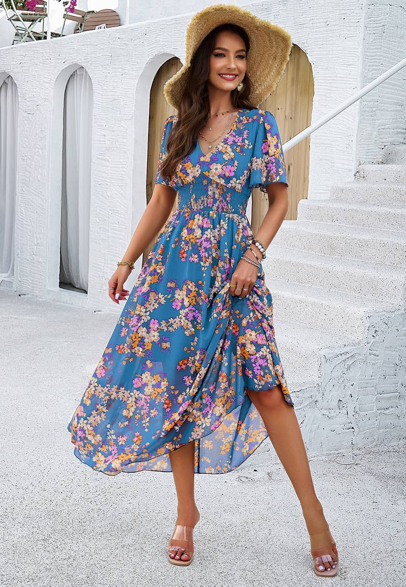 Floral V-Neck Waist-Tie A-Line Maxi Dress