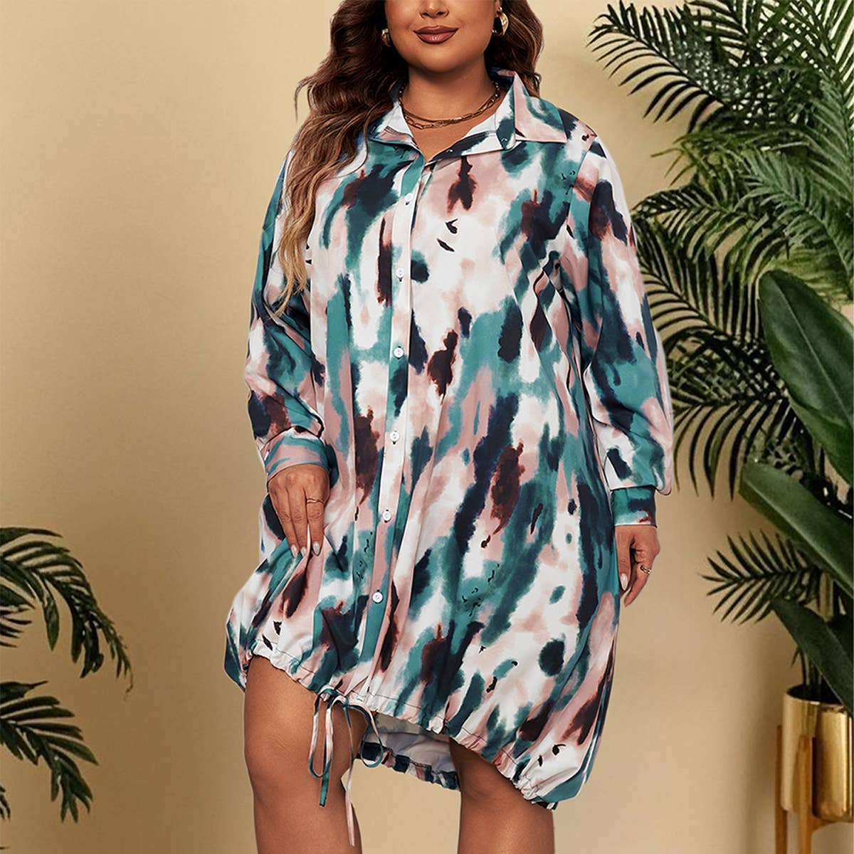 Plus Size Polo Dress ??Loose Fit Drawstring Hem_CWDMD5970