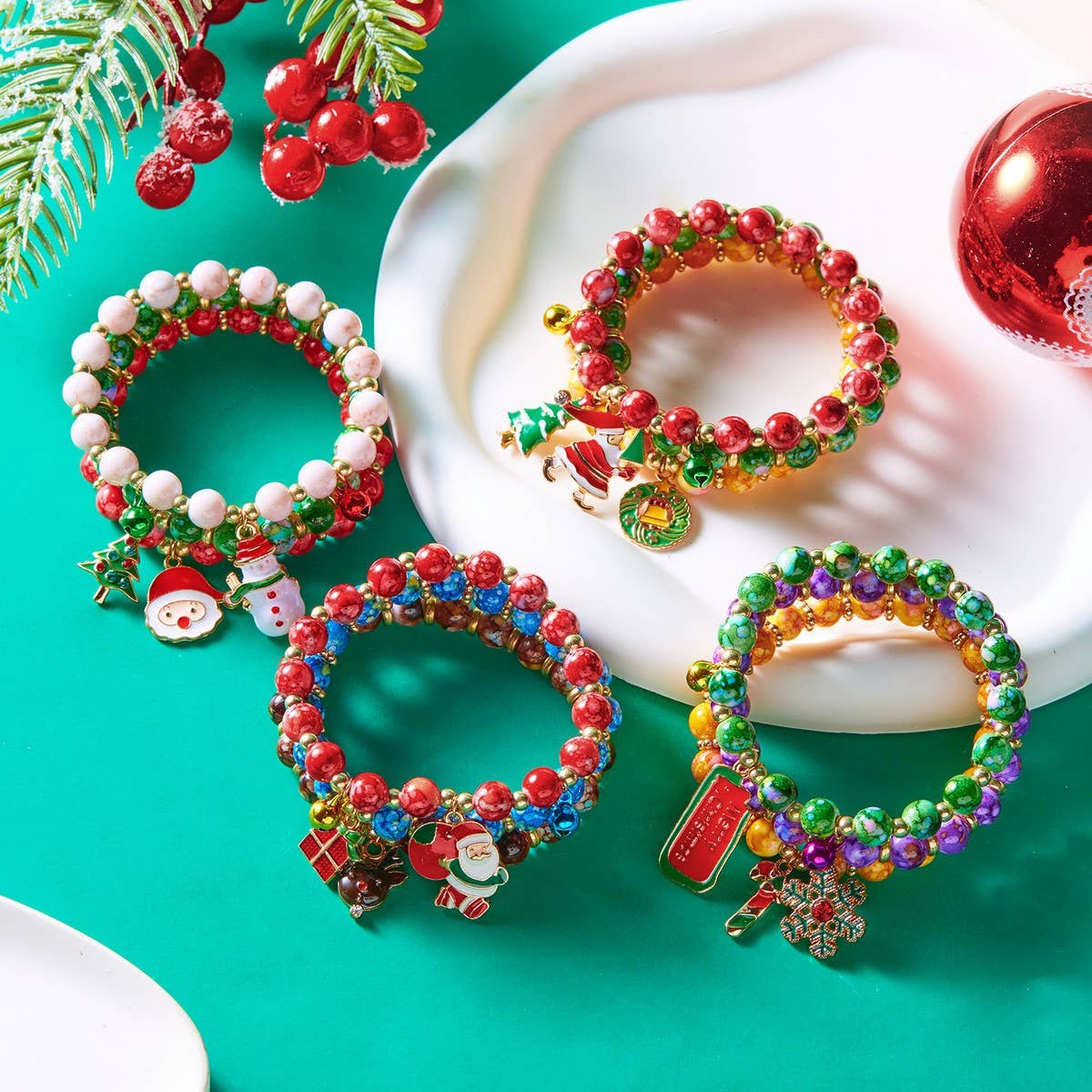 CWAJE2516_CHRISTMAS BELL OLD MAN SNOWMAN BEADED BRACELET