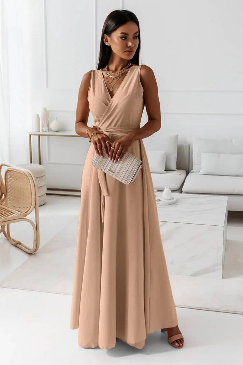 CWDMD4861_LACE-UP V-NECK EVENING GOWN LONG DRESS