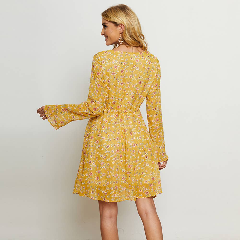 FLORAL LONG-SLEEVED V-NECK BOHO DRESS