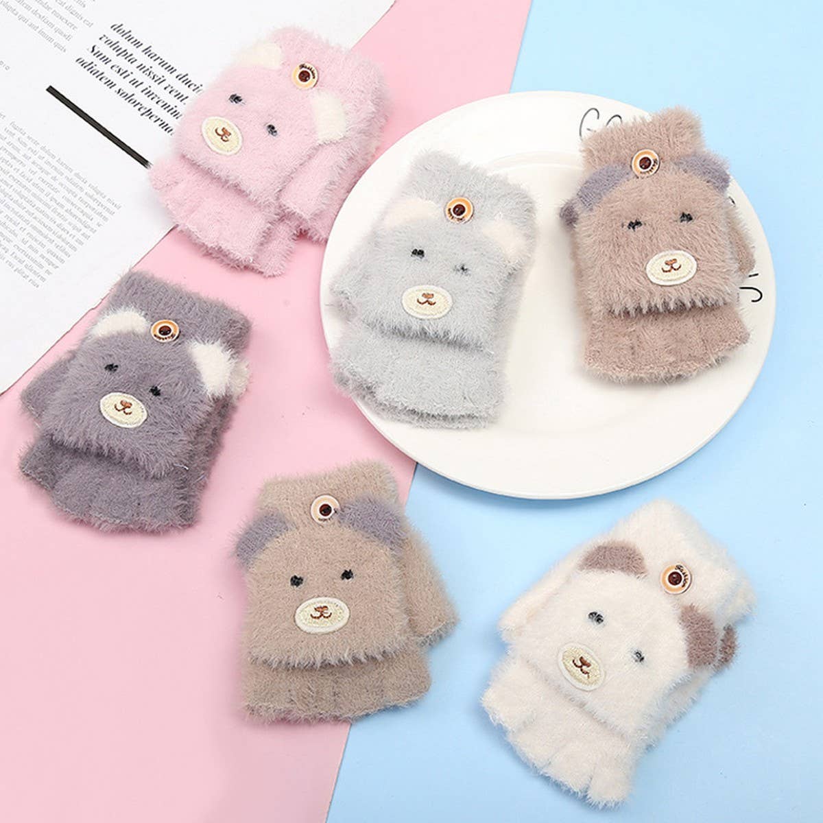 WINTER CARTOON HALF-FINGER FLIP VELVET GLOVES_CWAG0171