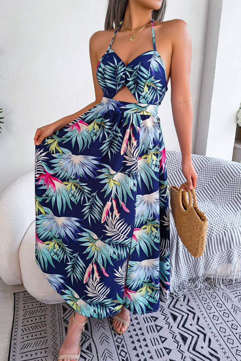 FLORAL SLEEVELESS HALTER DRESS_CWDMD1157