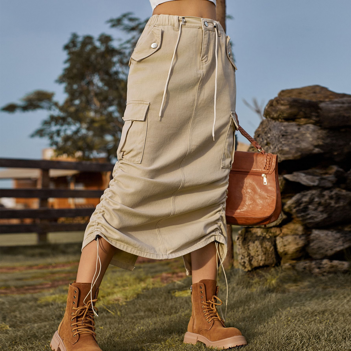 Women??¢s Cargo Midi Skirt Drawstring Elastic Waist_CWJSK0218