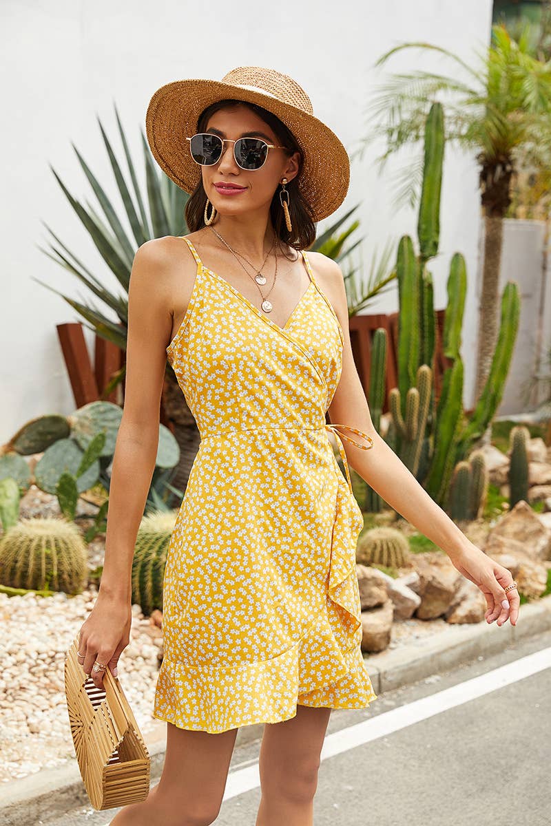 FLORAL PLEATED RUFFLED SKIRT HALTER WAIST DRESS