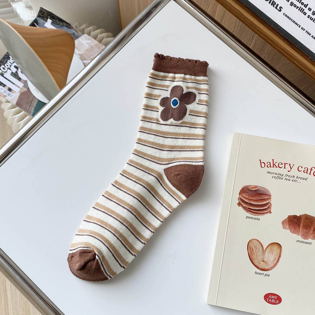White coffee color Floral Print Crew Socks