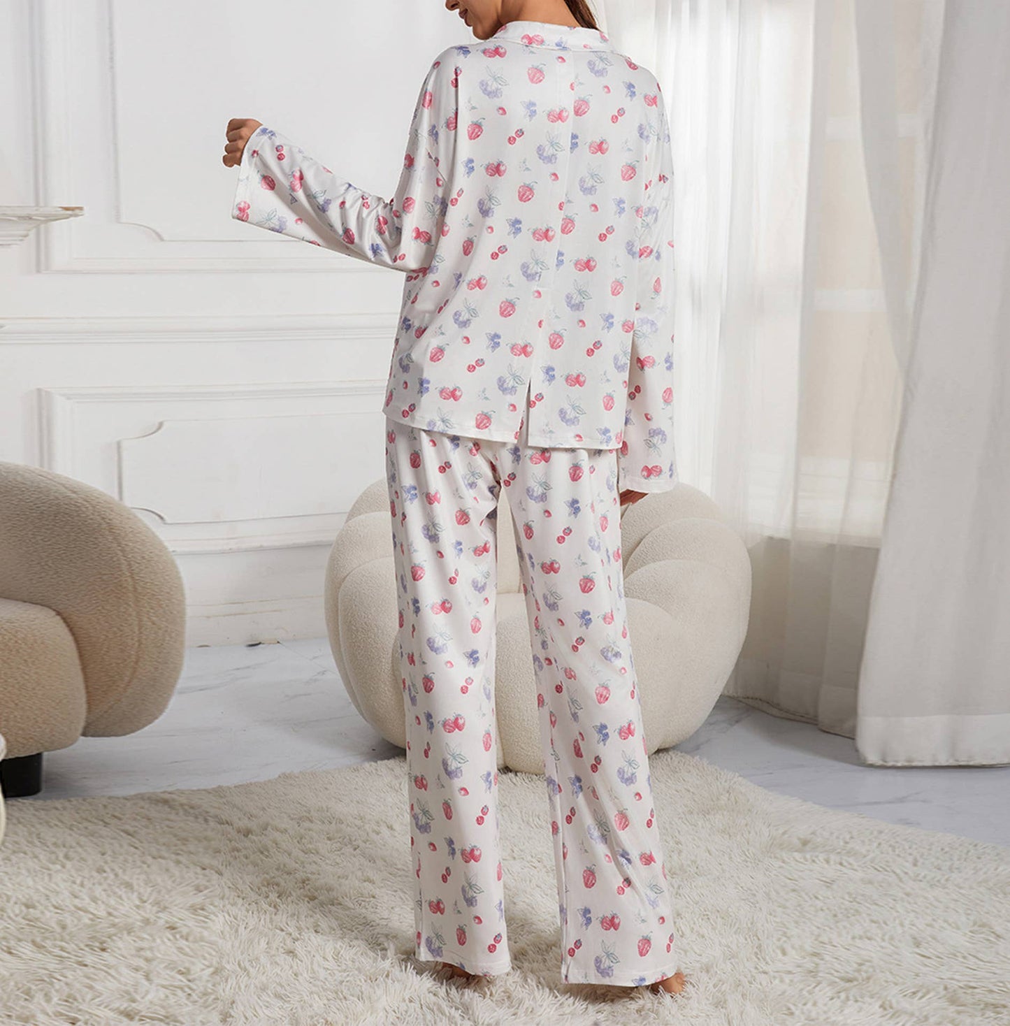 FLOWER AND FRUIT PRINT WIDE LEG PANT PAJAMA SET