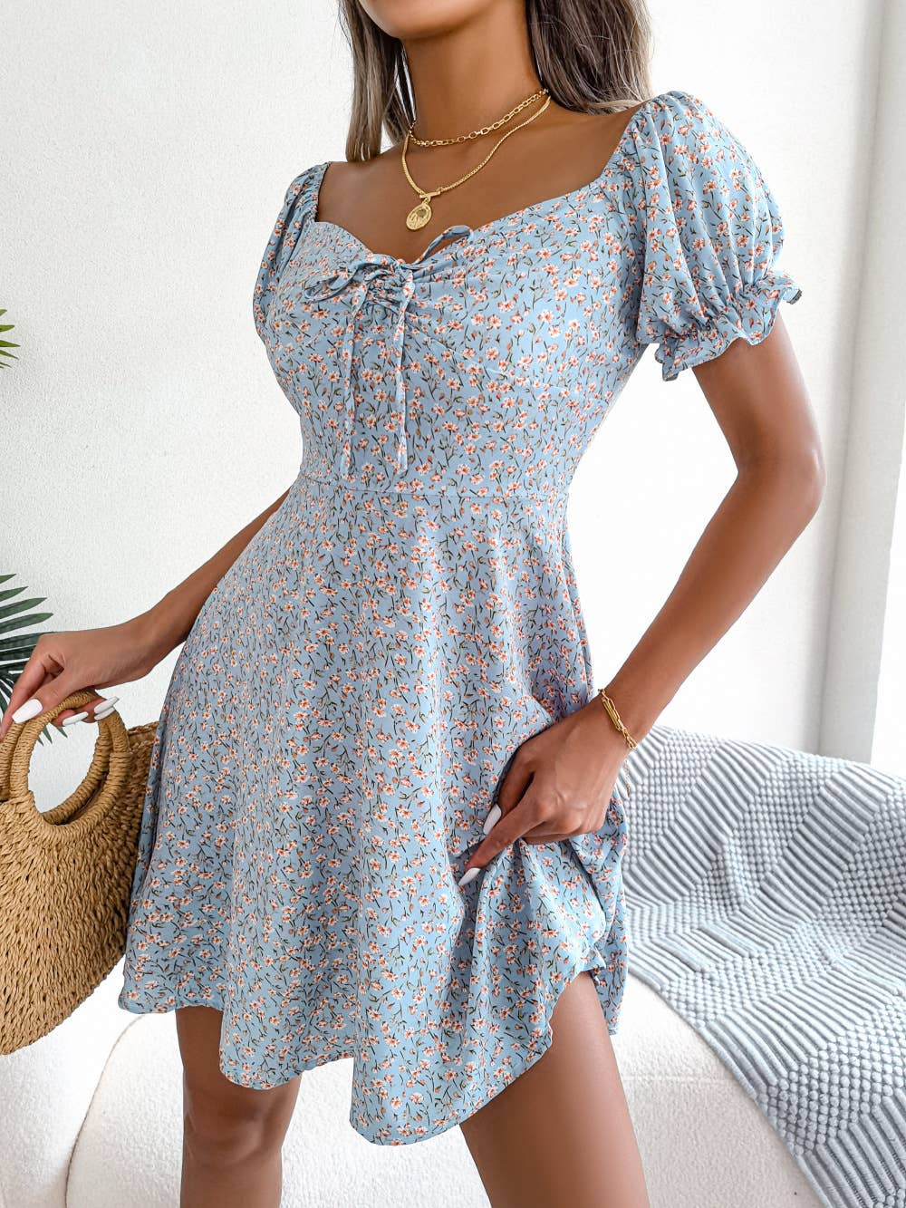 Floral tie big swing vacation-style beach dress