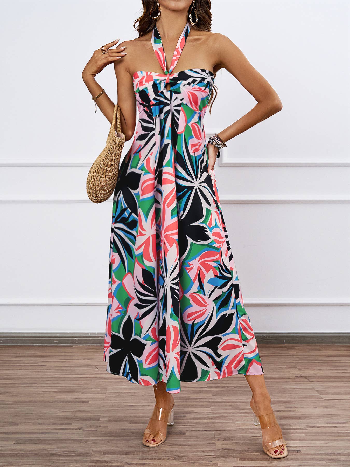 FLORAL PRINT HOLLOWED LACE HALTER LONG DRESS