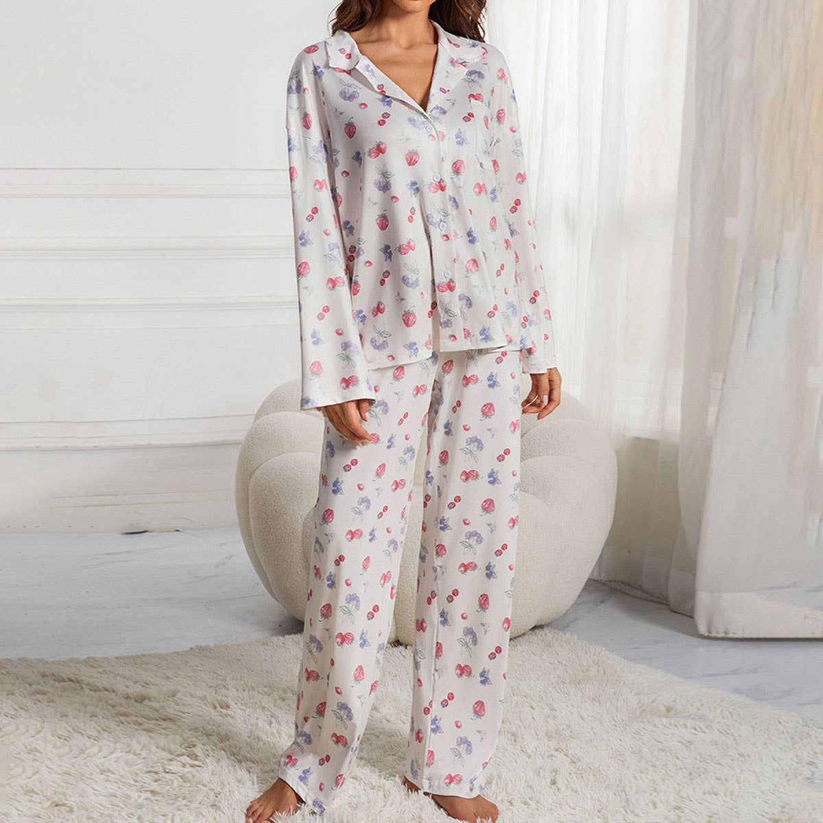 FLOWER AND FRUIT PRINT WIDE LEG PANT PAJAMA SET
