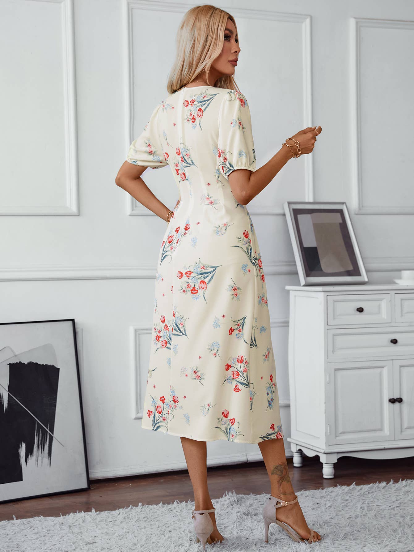 FLORAL PRINT NOTCH V-NECK ELEGANT LONG DRESS
