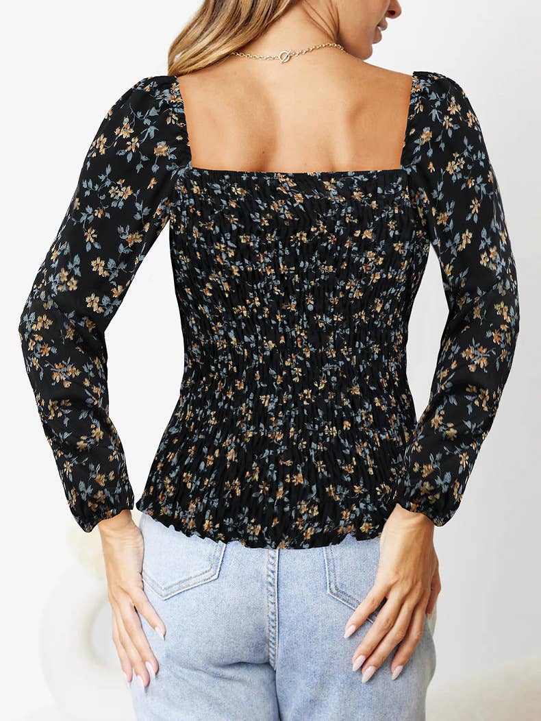 Floral Long Sleeve Square Neck Loose T-shirt