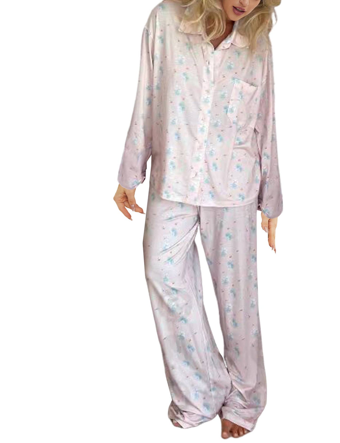 FLOWER AND FRUIT PRINT WIDE LEG PANT PAJAMA SET