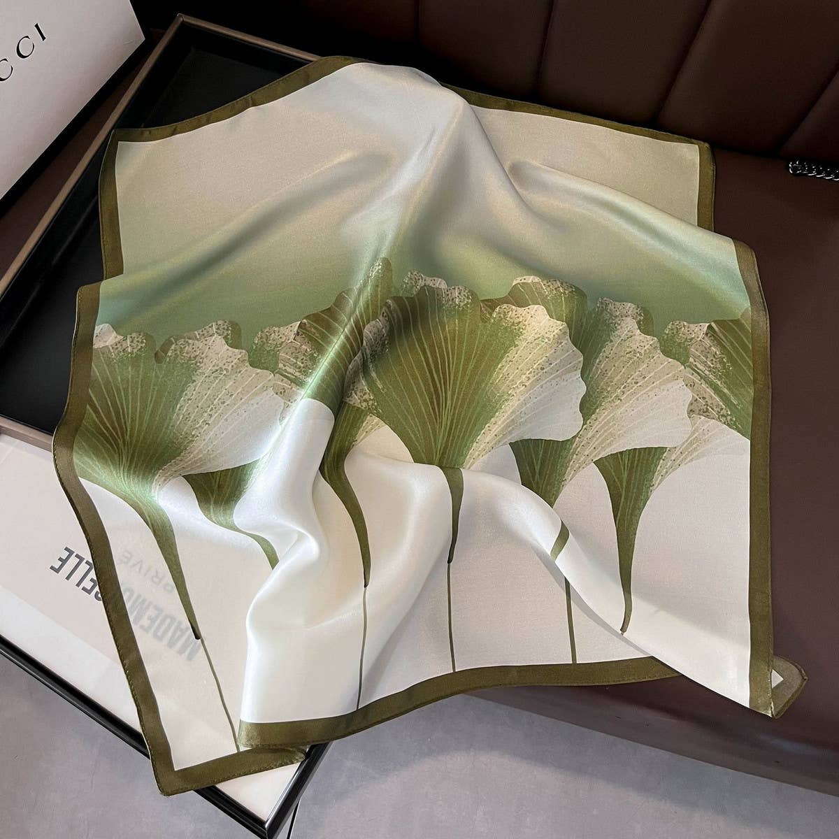 100% Silk Flower Scarf – Elegant Lotus Print Shawl_CWASC0541