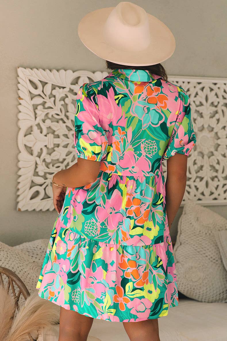 Floral printed puffed-sleeve loose short dress