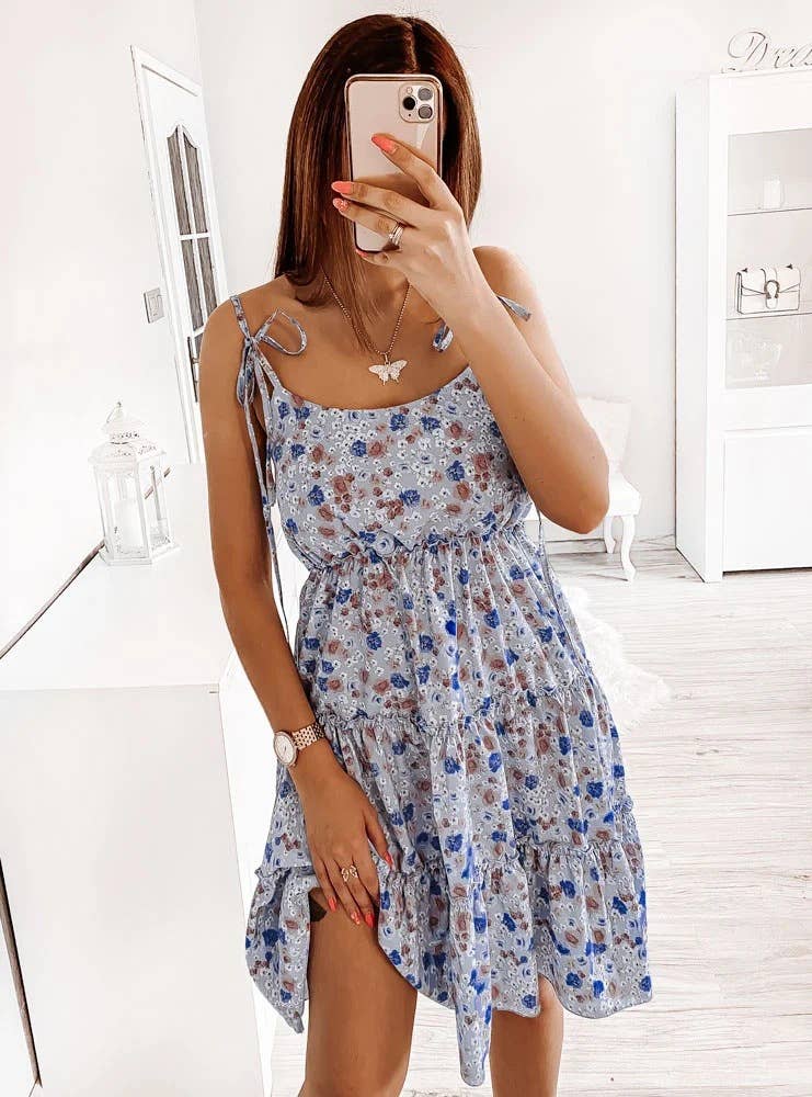 Floral print commuter shoulder lace-up dress
