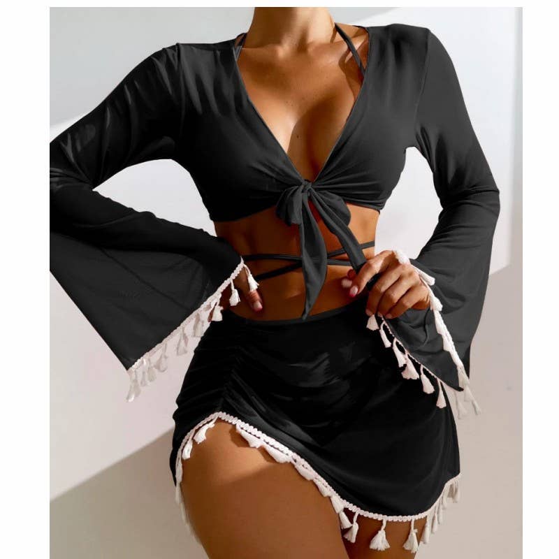 4 Piece Bikini Set - Modest Fringe Cover-Up_CWMW0144