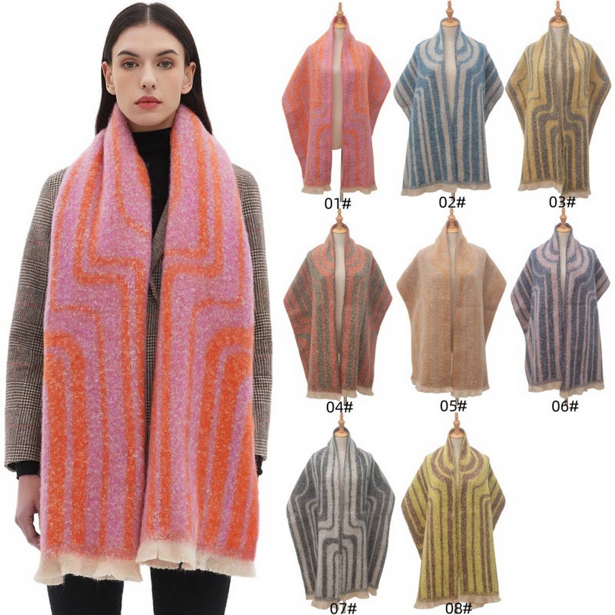 Geometric Loop Yarn Winter Scarf with Shawl Wrap