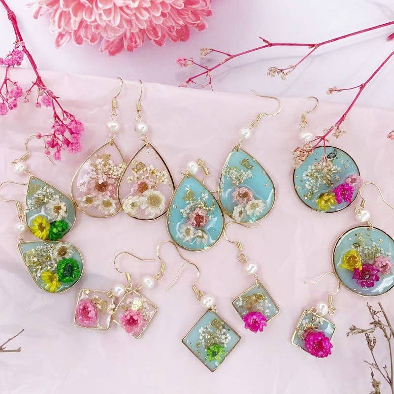 Geometric natural real dried flower earrings