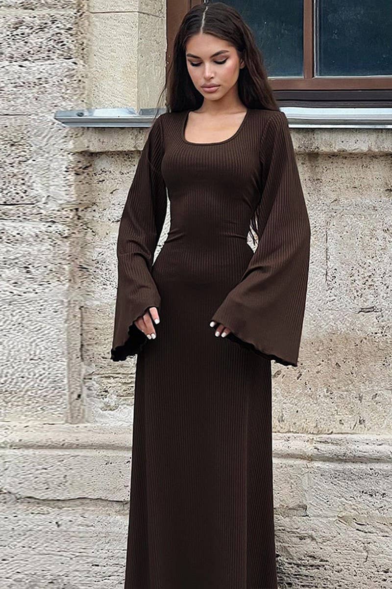 CWDMD4948_OVERSIZED TIE-DETAIL RIBBED LONG SLEEVE DRESS