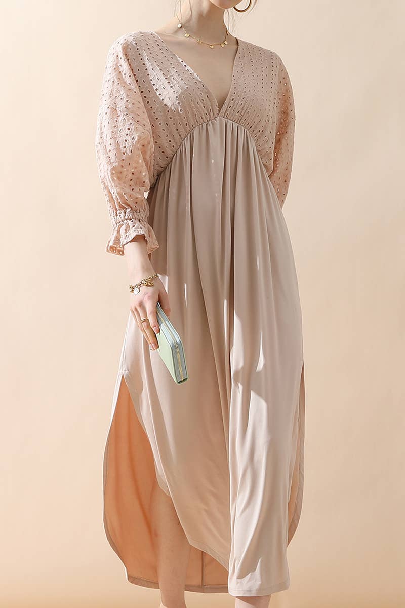 CWDMD795_3/4 SLEEVE V NECK LONG DRESS