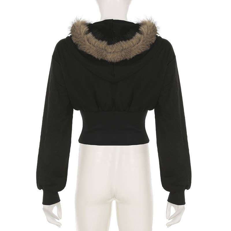 Woolen collar,cinched waist,hooded zipper jacket