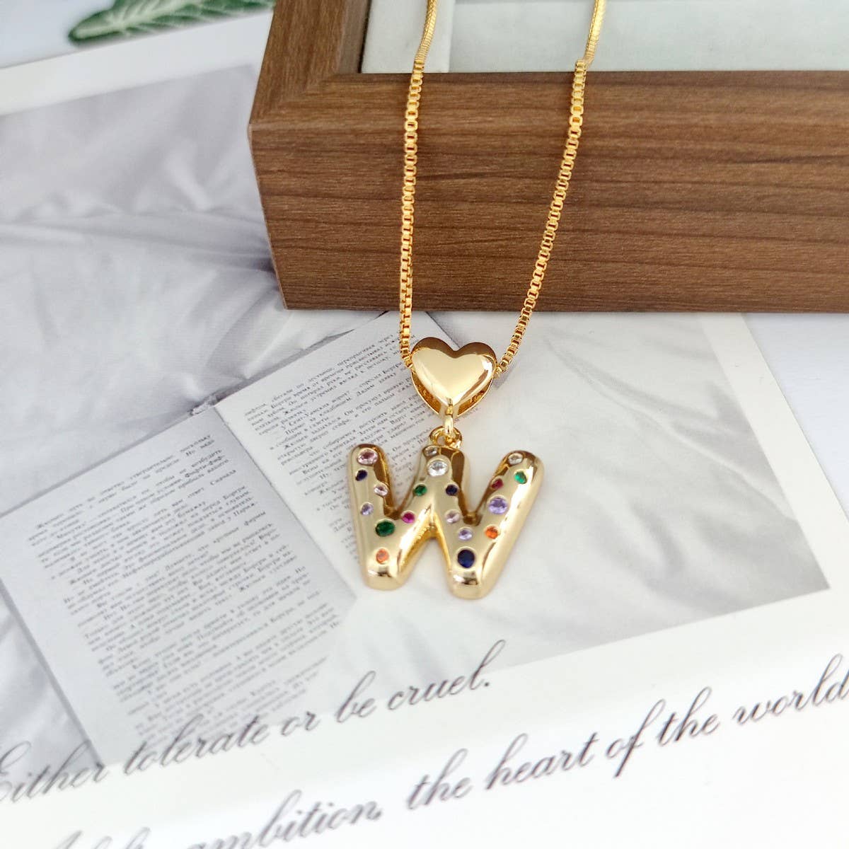Colorful Zirconia Heart Letter Pendant Necklace