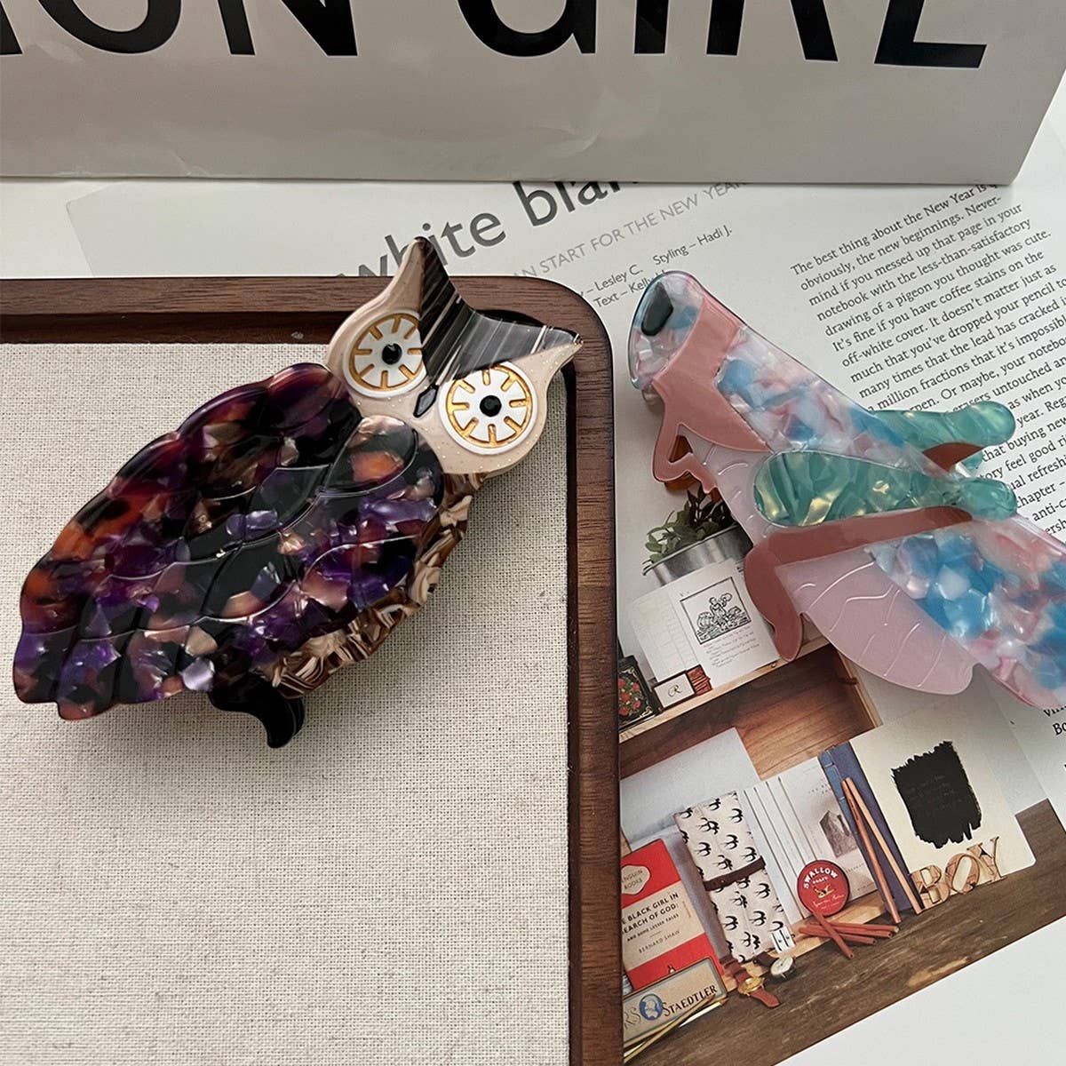 New Creative Owl & Grasshopper Acetate Hair Clip