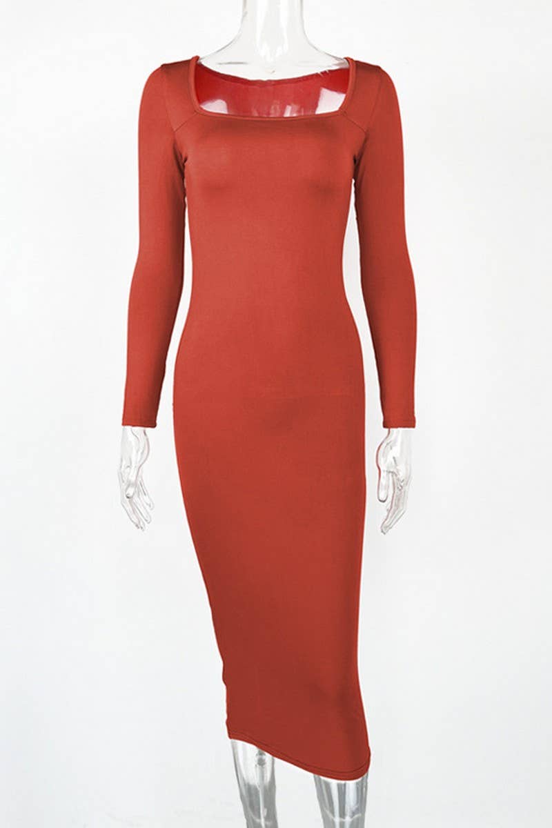 CWDMD4902_SOLID COLOR SLIM SQUARE NECK LONG SLEEVE DRESS