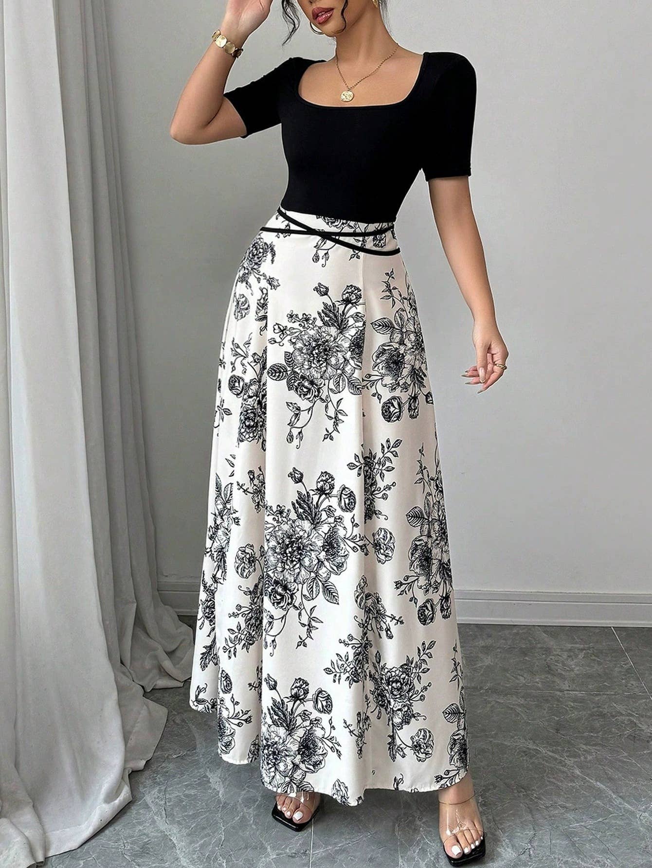 Floral print vacation style patchwork long dress