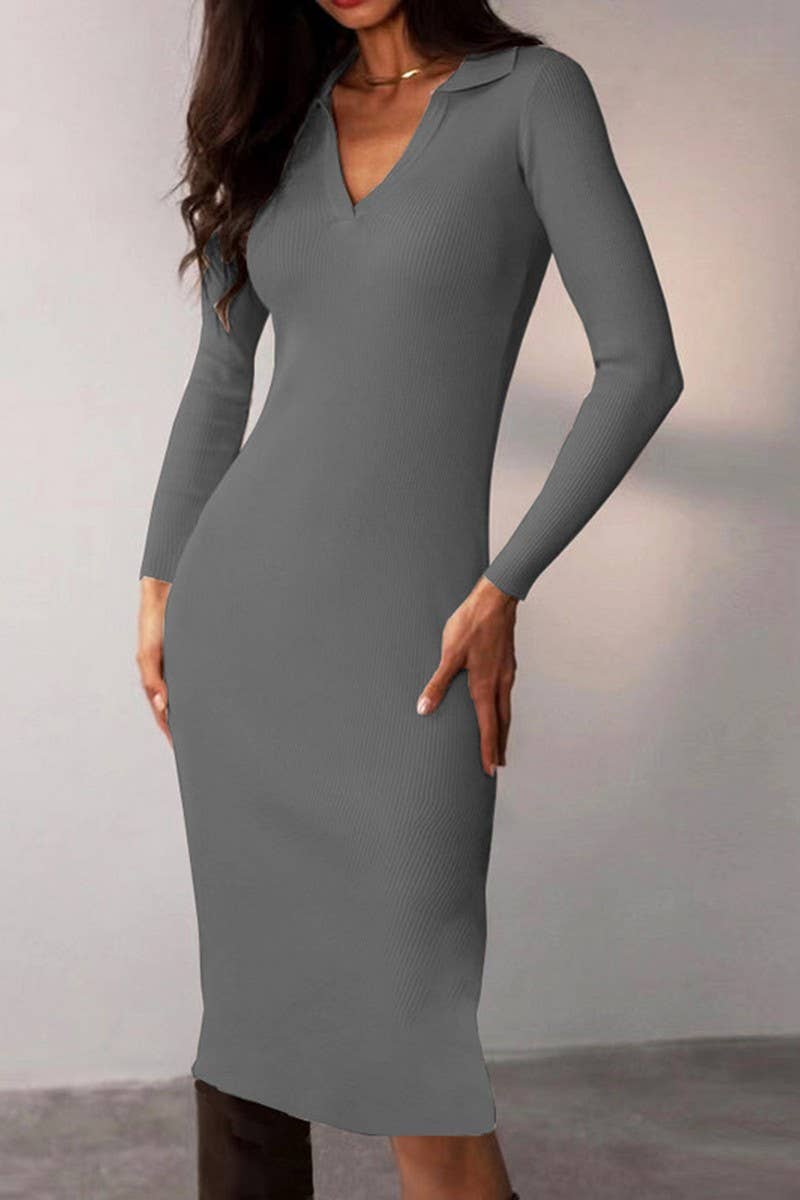 CWDMD4901_SOLID COLOR DEEP V LAPEL SLIM DRESS