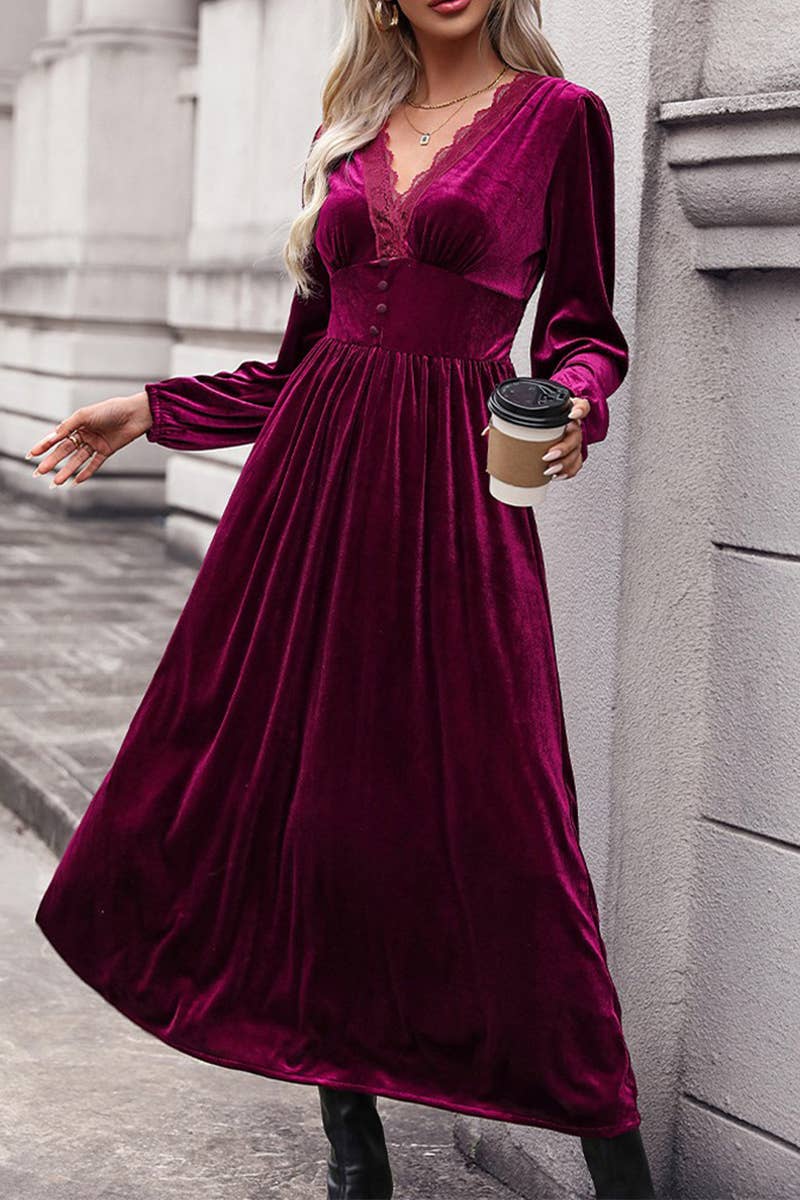 CWDMD4815_SOLID COLOR HIGH-GRADE VELVET LONG-SLEEVED DRESS