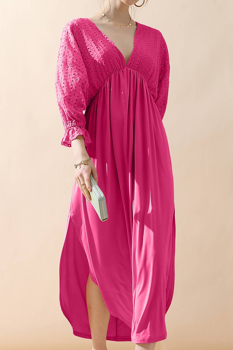 CWDMD795_3/4 SLEEVE V NECK LONG DRESS