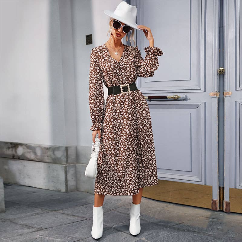 FLORAL SLIM-FIT V-NECK SPLIT MID-LENGTH DRESS