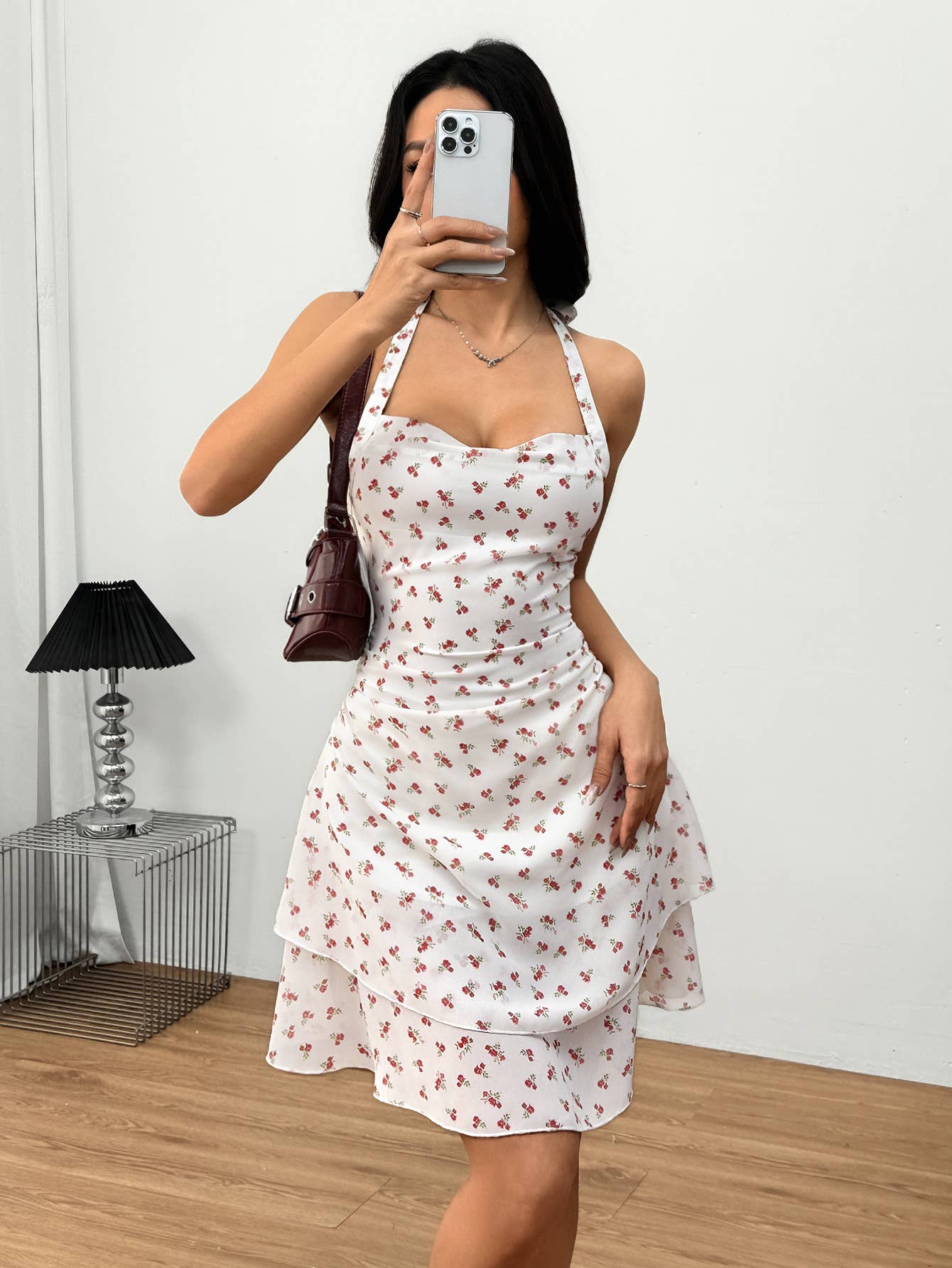Floral Mini Ruffle Neck Halter Sexy Dress