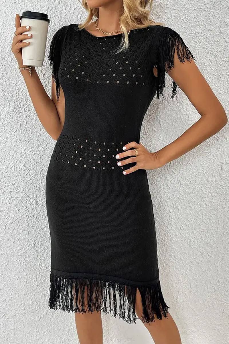 CWDMD4847_SPRING AND SUMMER FASHION TASSEL KNITTED DRESS