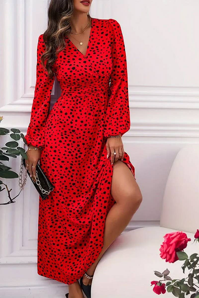 CWDMD5067_V-NECK WAIST POLKA DOT PLEATED LONG SLEEVE DRESS