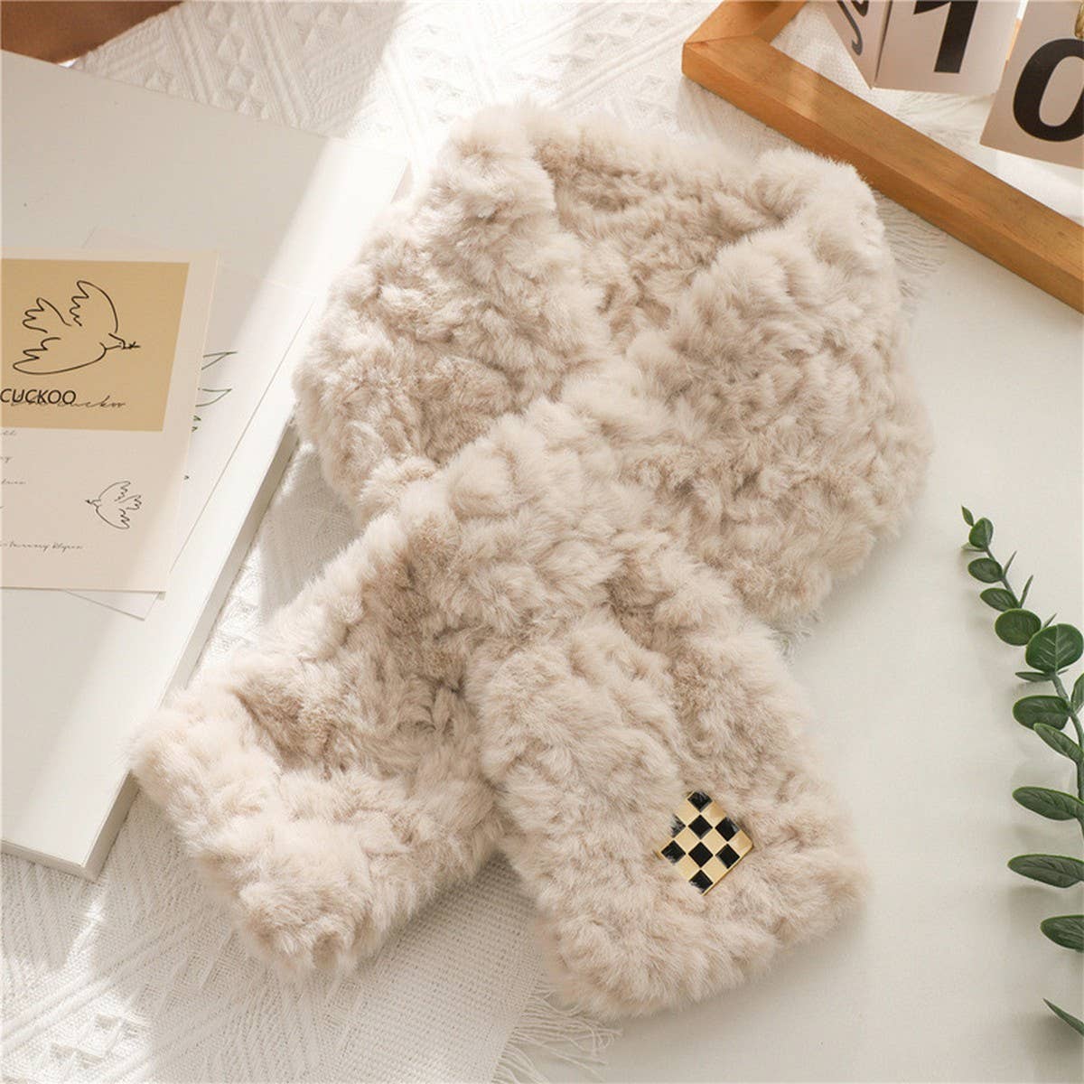 Checkered Sherpa Embossed Cross Scarf for Winter_CWASC1254