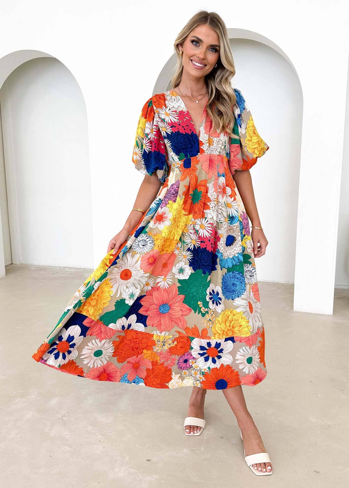 Floral printe puffed sleeve A-line elegant dress