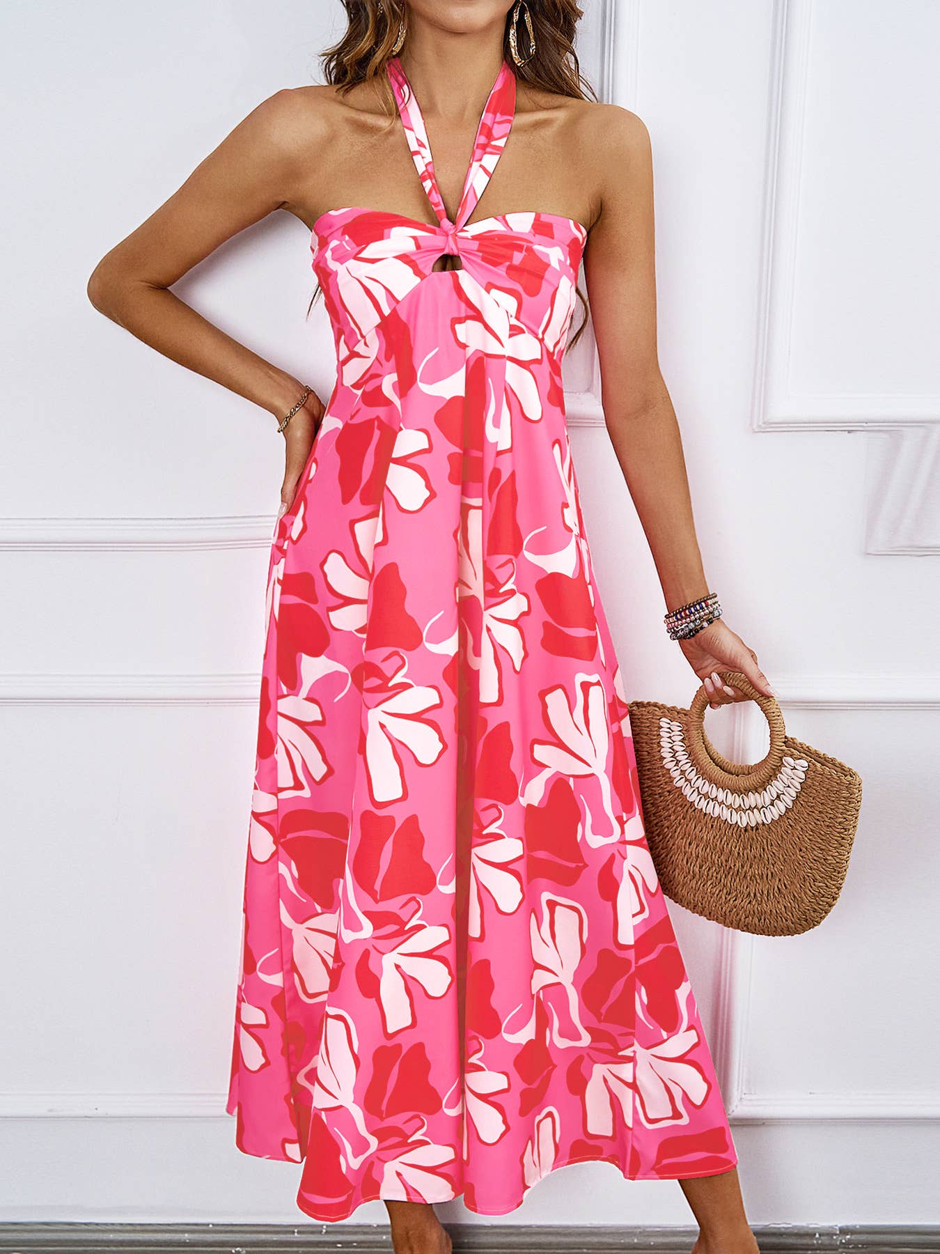 FLORAL PRINT HOLLOWED LACE HALTER LONG DRESS