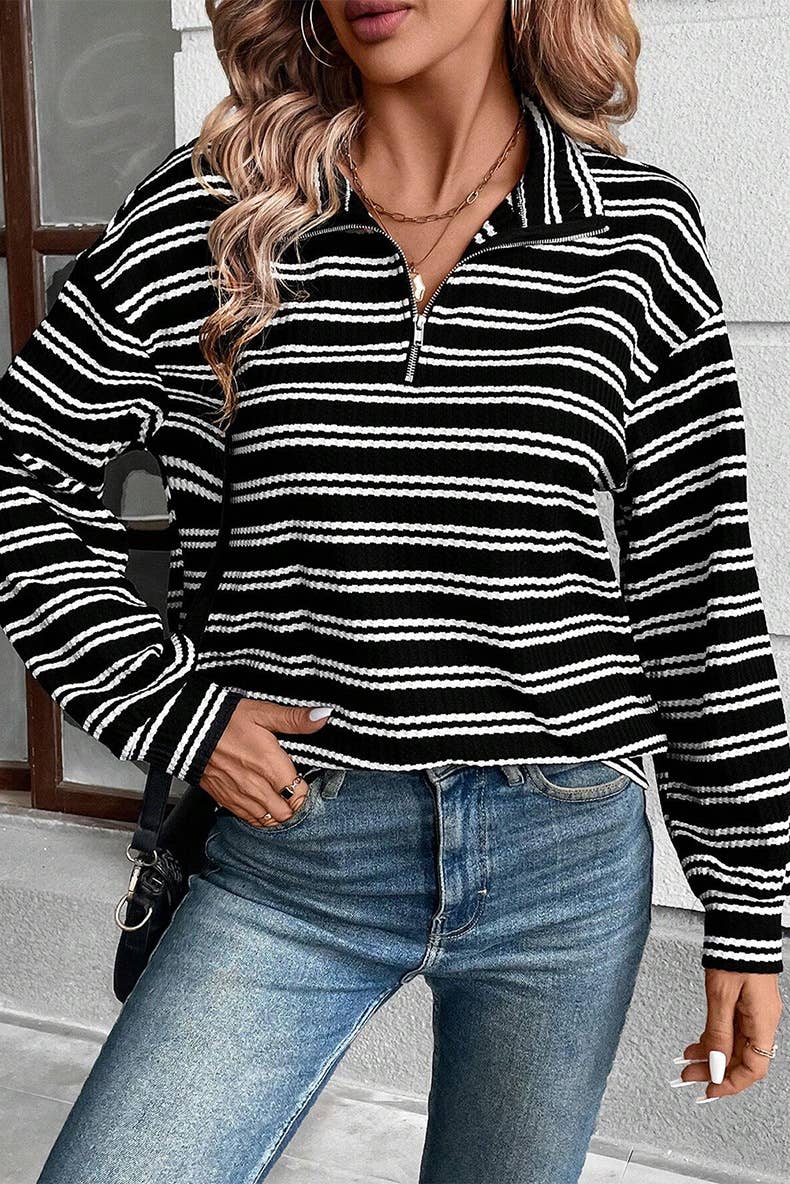 ZIPPER COLLAR LONG SLEEVE PRINT TEXTURE HOODIE