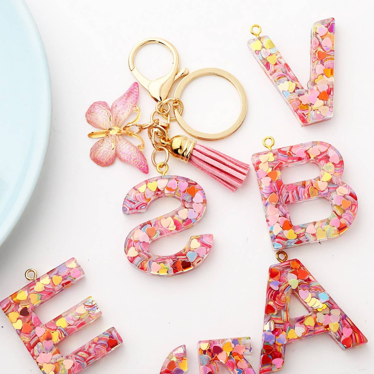 Glitter Resin Letter Butterfly Keychain
