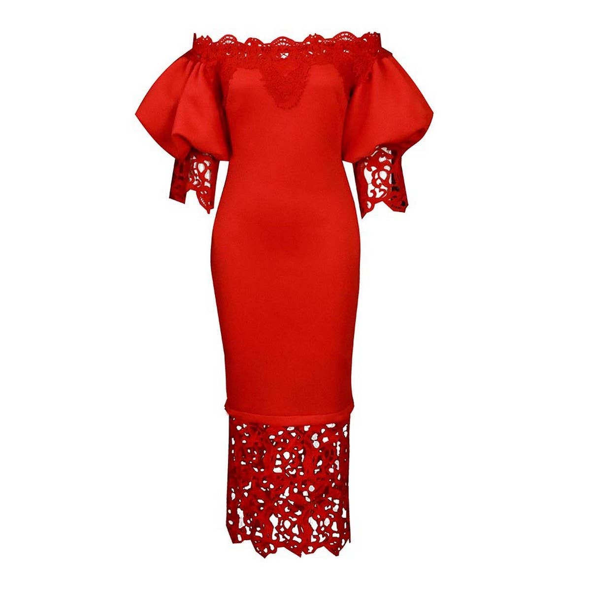 BOAT NECK LACE PATCHWORK LANTERN SLEEVE DRESS_CWDMD3683